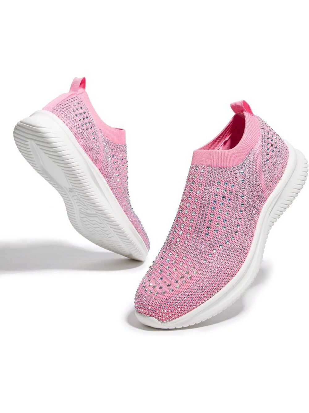 Women's Hot Pink Rhinestone Walking Breathable Knit Sock Sparkly Sneaker Shoes